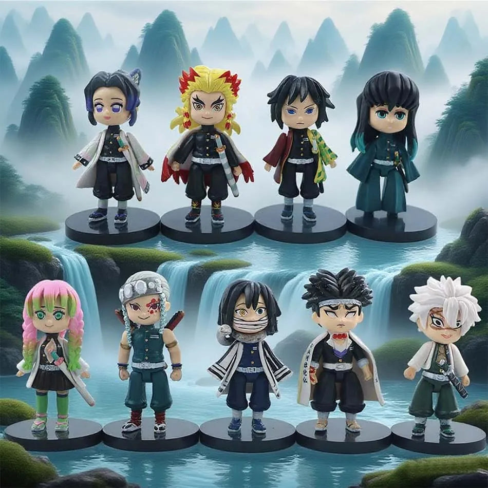 Set Demon Slayer Q Version Sitting Figure Toy Anime Kimetsu no Yaiba Tanjiro Nidouzi Inosuke Zenizu PVD Figurine Model Doll