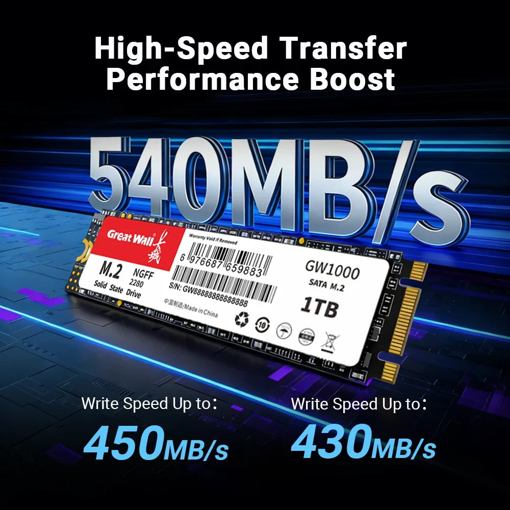 Great Wall M.2 2280 SSD Hard Disk 128GB 256GB 512GB 1TB NGFF 2TB Solid State Drives 540MP/S M2 SATA for Desktop PC Notebook