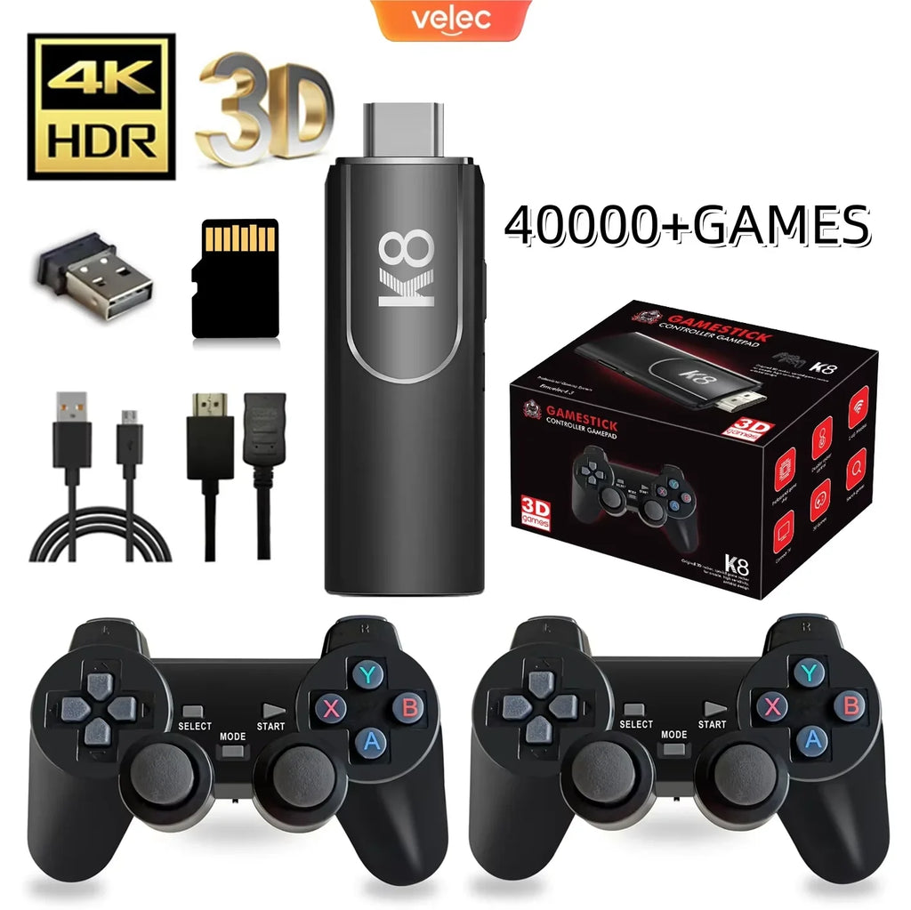 Velec K8 Retro Game Stick 4K HD with 64G & 40000+ Games Dual Wireless Controller for 2 Players Perfect Gift for Kids & Adults