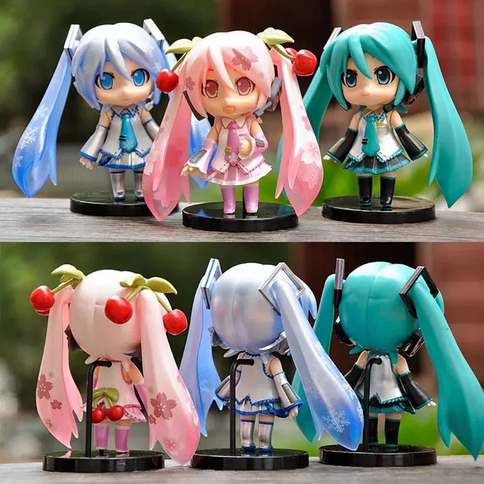 3Pcs Anime Q Version Figure Cute Girl Mini Ornaments Kawaii Pink Green Hatsune Home Desk Decoration Adult Toys Kid Birthday Gift