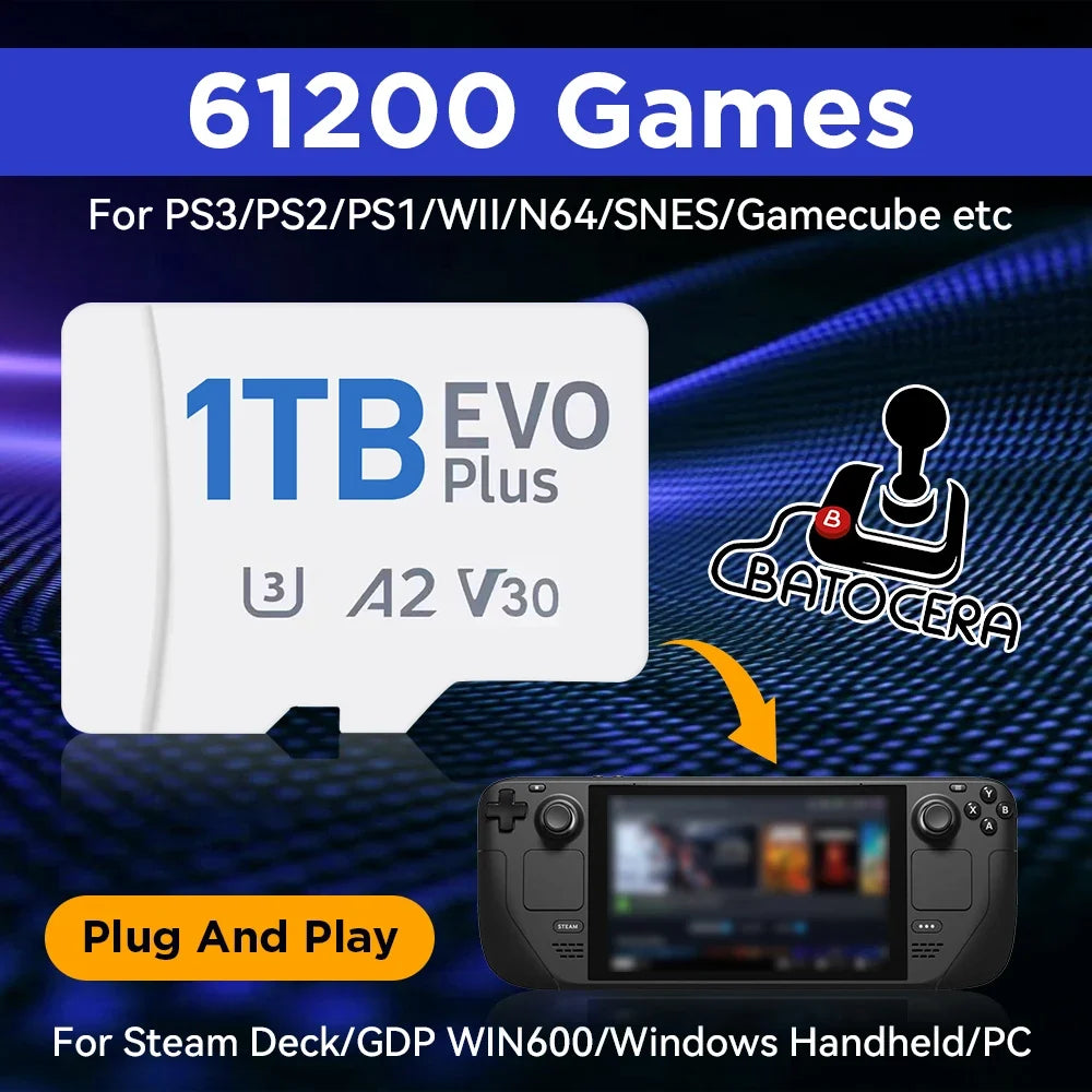 1T Game Card For Steam Deck/Windows Handheld/PC With 61200+Retro Games of PS3/PS2/PS1/WII/SNES/N64/MAME Plug&Play Gaming Card