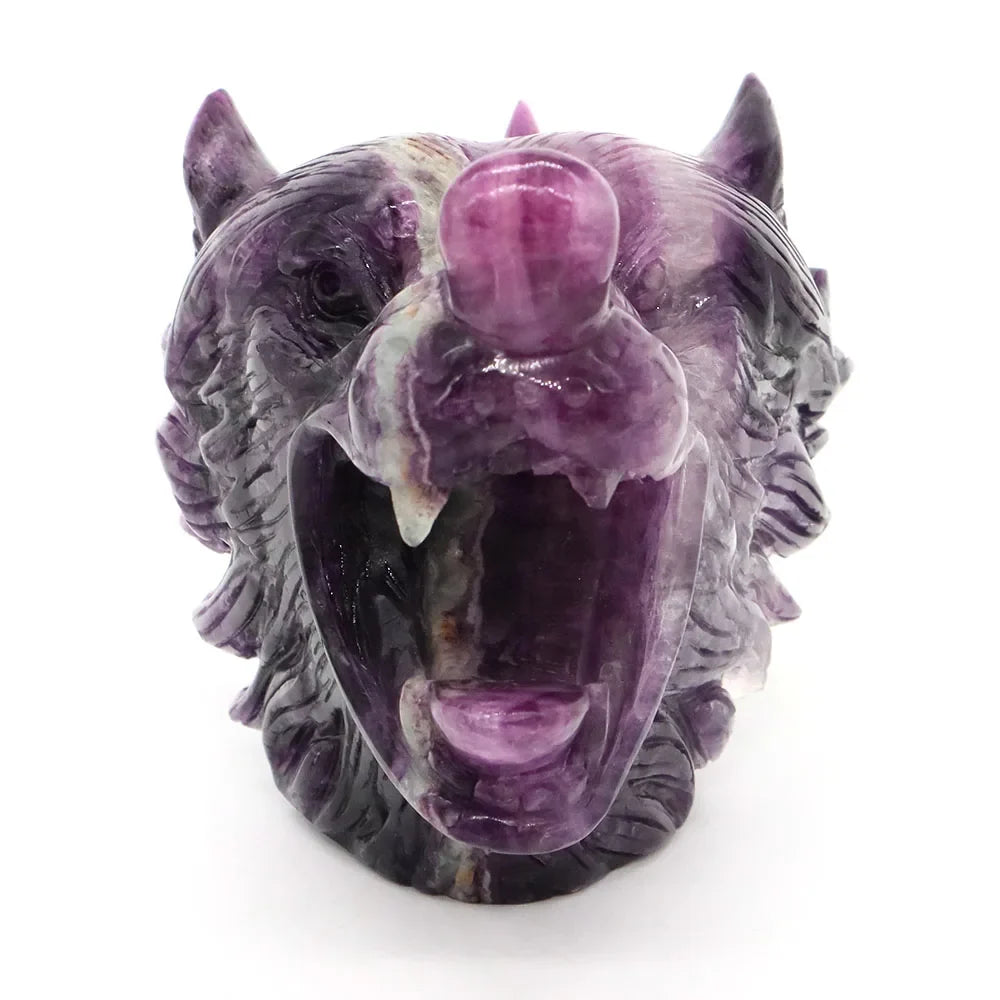 5.5" Wolf Head Natural Fluorite Reiki Healing Gemstone Carved Stone Animal Figurine Feng Shui Crafts Home Office Decoration Gift