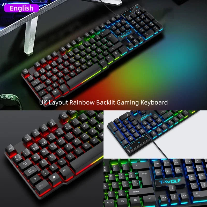 TF200 Wired Keyboard Mouse Combos 104 Keys RGB Blacklight Multi-function USB Gaming Keyboard English Russian for Game Office