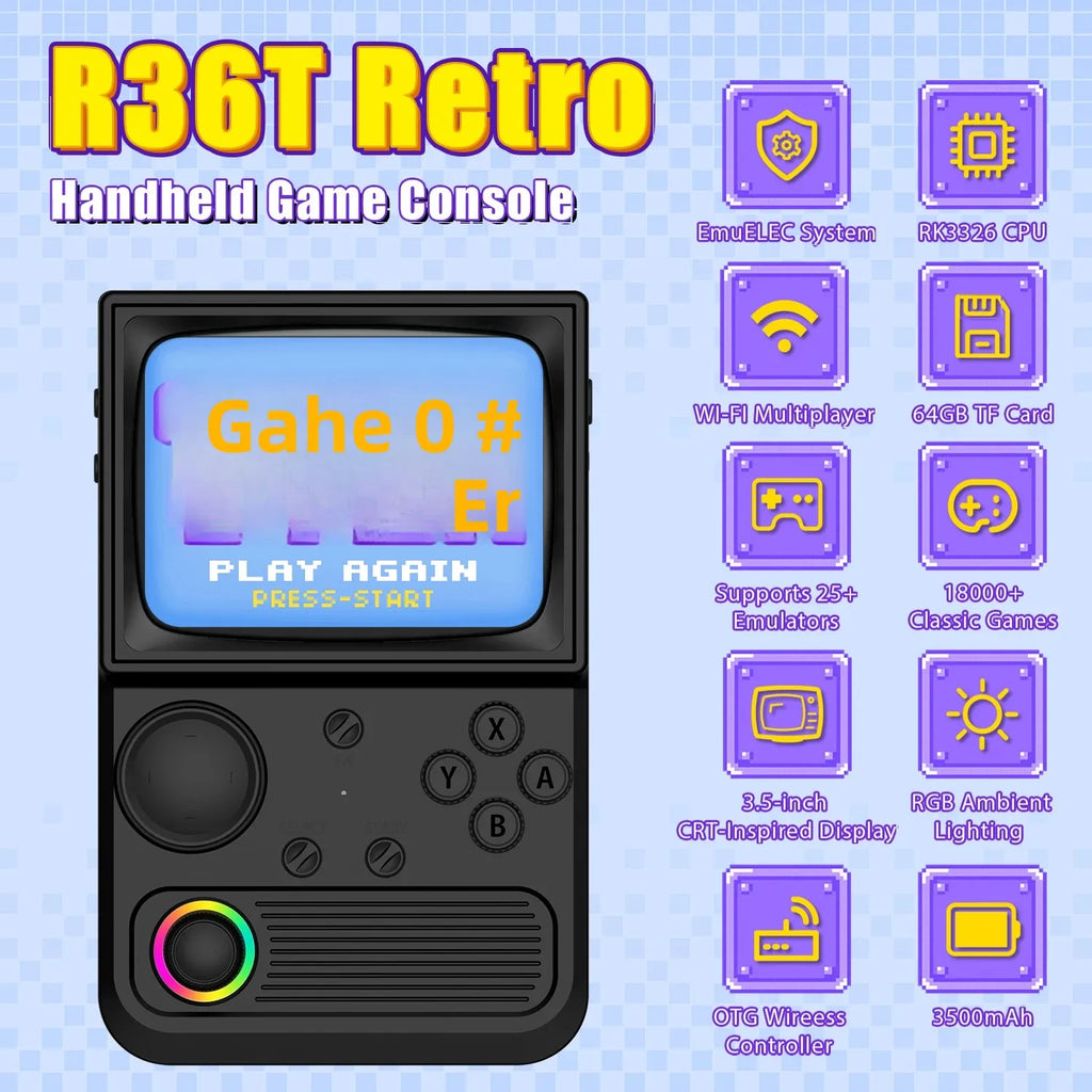 R36T Retro Handheld Game Console EmuELEC System 3.5 Inch IPS Screen Portable Pocket Video Player RK3326 Chip 64/128G 18000+Games