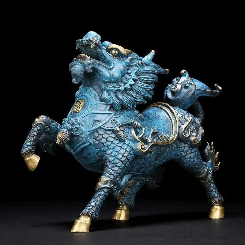 Feng Shui Copper Wind and Fire Kirin Statue Mascot Sculpture Brass Painted Home Decoration
