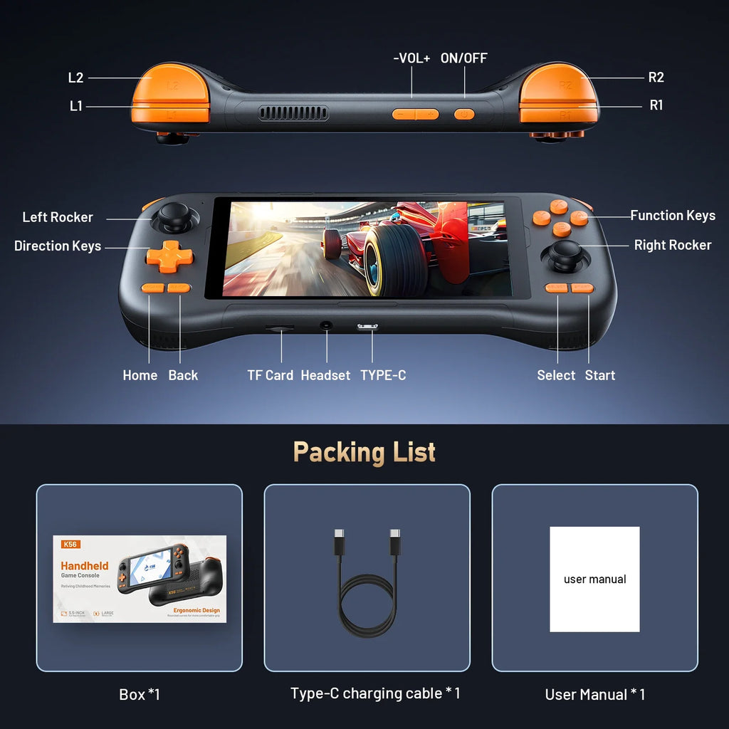 K56 Portable gaming console 5.5'' touch screen with 50 + emulators up to 27000 + retro games for DC/MAME/SS/Arcade/3DS
