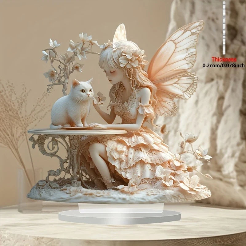 Bohemian Style 8in 2D Acrylic Angel And Cat Figurine Artistic Cartoon Decoration Colorful Print Water-Resistant Romantic Gift