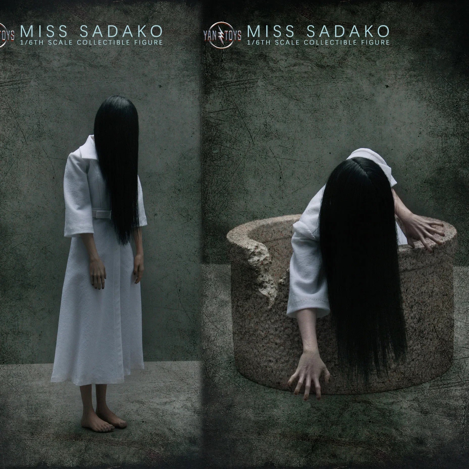 YANTOYS JR08 1/6Scale Langhaarige weibliche Geisterdame Sadako Weißes Kleid Cosplay Szene Komplettset 12'' Actionfigur Modellpuppen Spielzeug