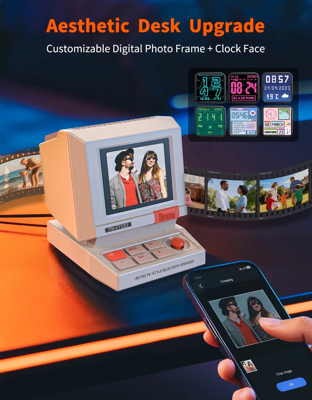 Divoom MiniToo Pixel Retro Bluetooth Speaker, App Control Clock & Alarm, White Noise, Portable Cute Desk Speaker Gift