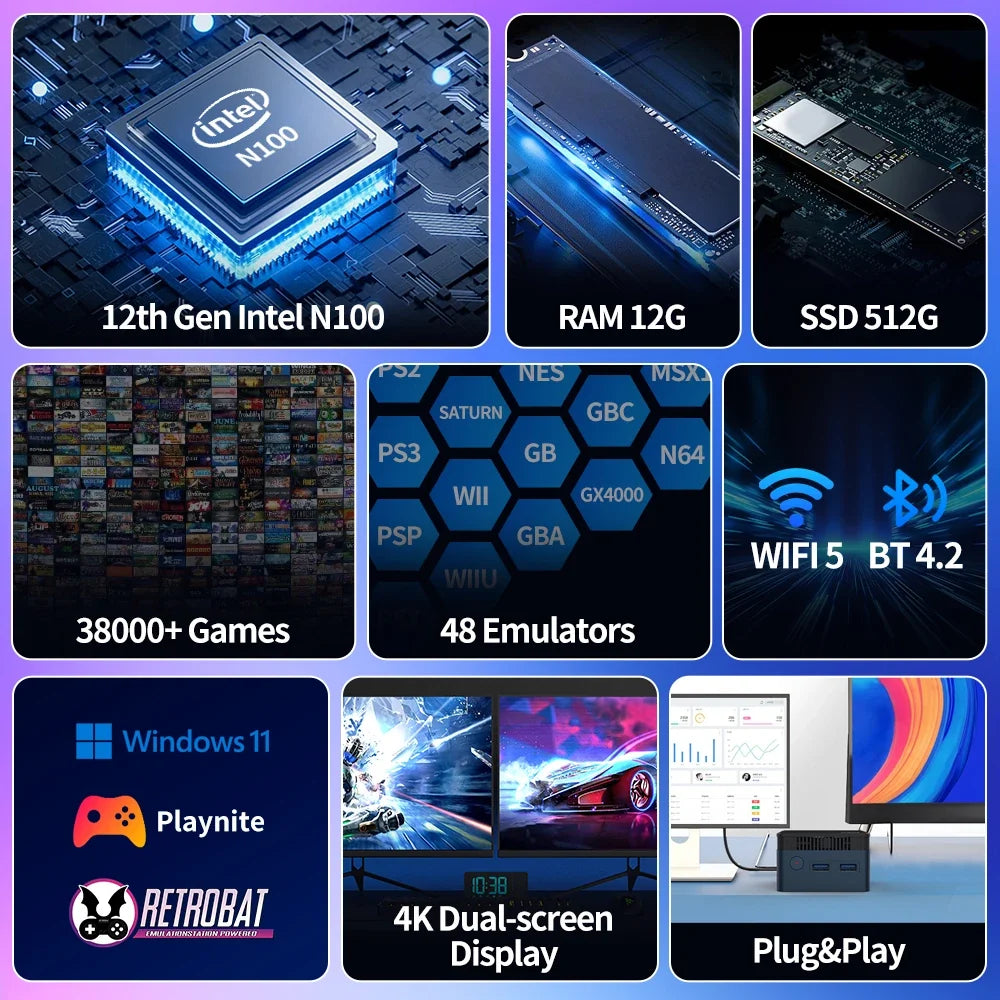 Game Console/Mini PC With 38000+Games With N100/Windows 11 Plug&Play 48 Emulators For PS3/PS2/Wii/N64/NES/GBA/NDS 12G+512G PC