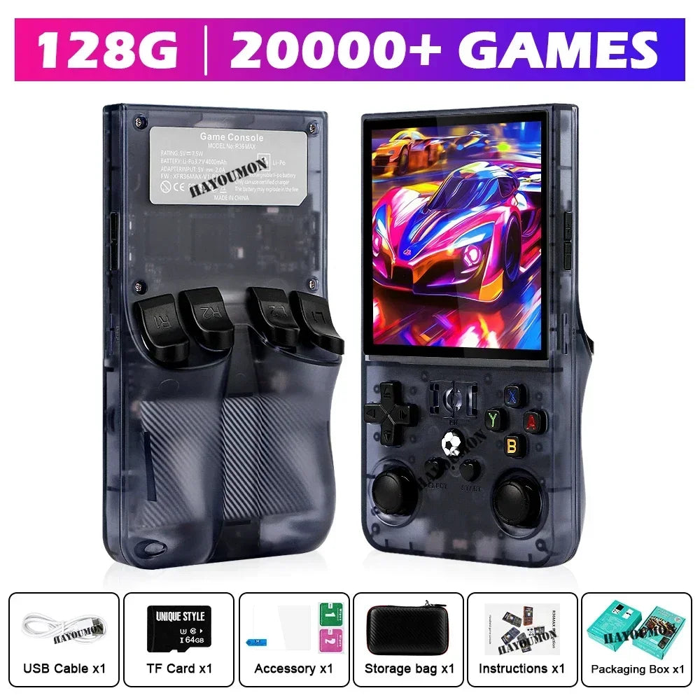 Gray R36 Max Console Handheld Game Players 4" IPS Screen Open Source Console Retro Pocket Video Player 128G Up to 20000+ Games