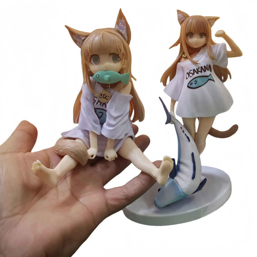 13/18CM GOLDEN HEAD My Cat Is A Kawaii Girl Anime Figure Sakura Soybean Flour Sit And Eat Fish Collectible PVC Model Doll Toy
