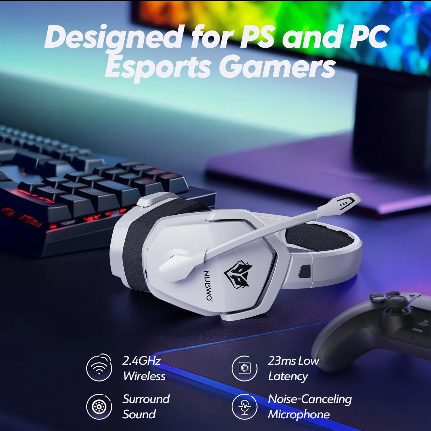 NUBWO G06 Dual Wireless Headsets Gamer 2.4GHz Bluetooth 5.3 Gaming Headphones with Microphone for PS5, PS4, PC, Mobile, Switch
