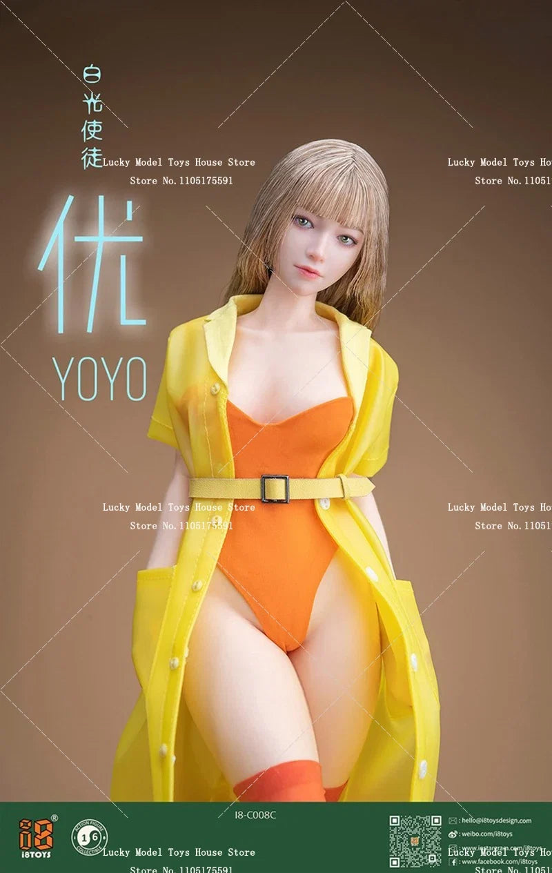 I8TOYS 1/6 Female Figure Beauty Head Sculpt Union Suit Transpaerent Raincoat Heels I8-C008 Clothes Set Accessory For 12" Body
