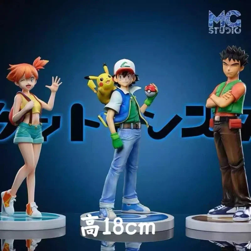 18cm Ash Ketchum PVC GK Statue Anime Action Figure Set with Brock & Misty Collectible Doll for Room Desk Decor Ideal Toy Gift