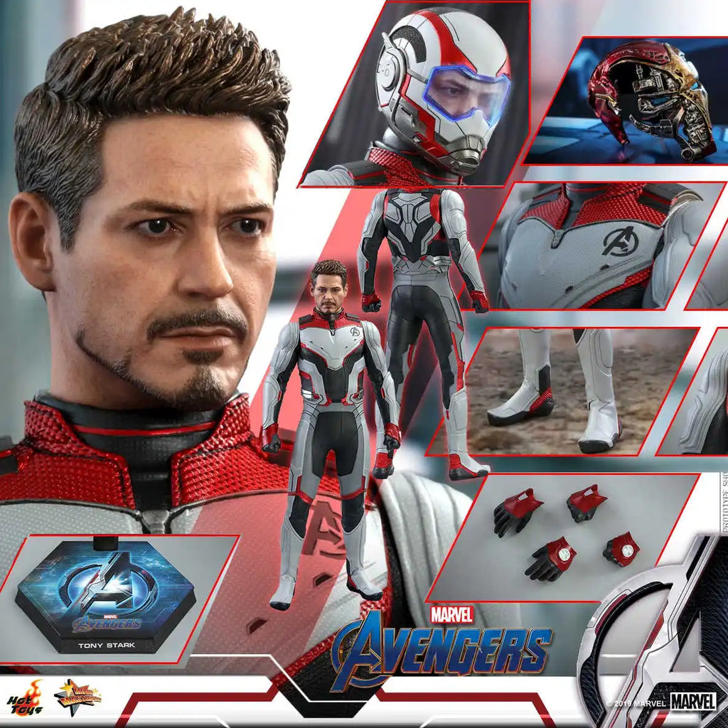 HotToys 1/6 Scale Marvel Avengers Endgame Tony Stark Bewegliche Actionfigur mit Team-Anzug und Quantum Realm Helm