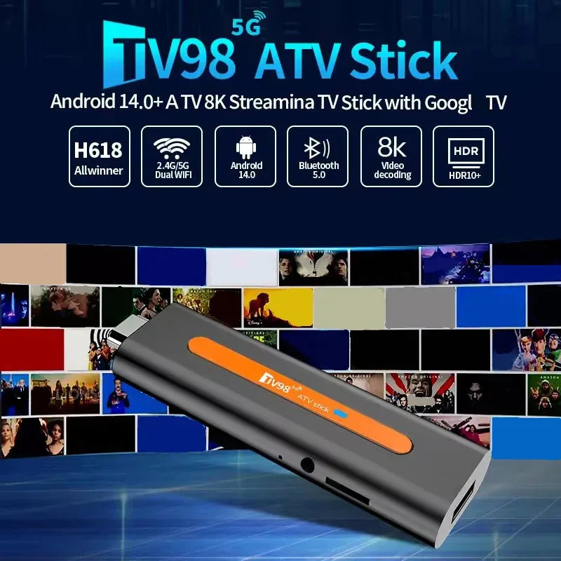 TV98 ATV H618 TV Stick 8K 4K Wifi6 BT5.0 Allwinner H618 Quad Core Smart Voice Remote Android 14 PK TV98 ATV Stick TV98 ATV 8K
