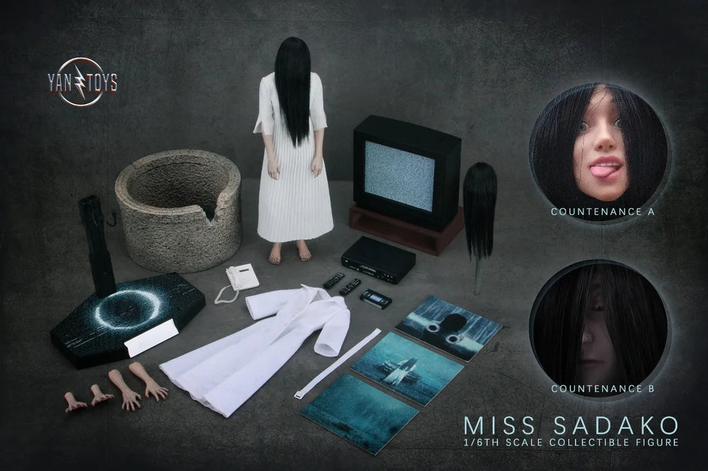 YANTOYS JR08 1/6Scale Langhaarige weibliche Geisterdame Sadako Weißes Kleid Cosplay Szene Komplettset 12'' Actionfigur Modellpuppen Spielzeug