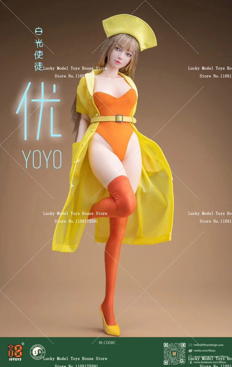I8TOYS 1/6 Female Figure Beauty Head Sculpt Union Suit Transpaerent Raincoat Heels I8-C008 Clothes Set Accessory For 12" Body