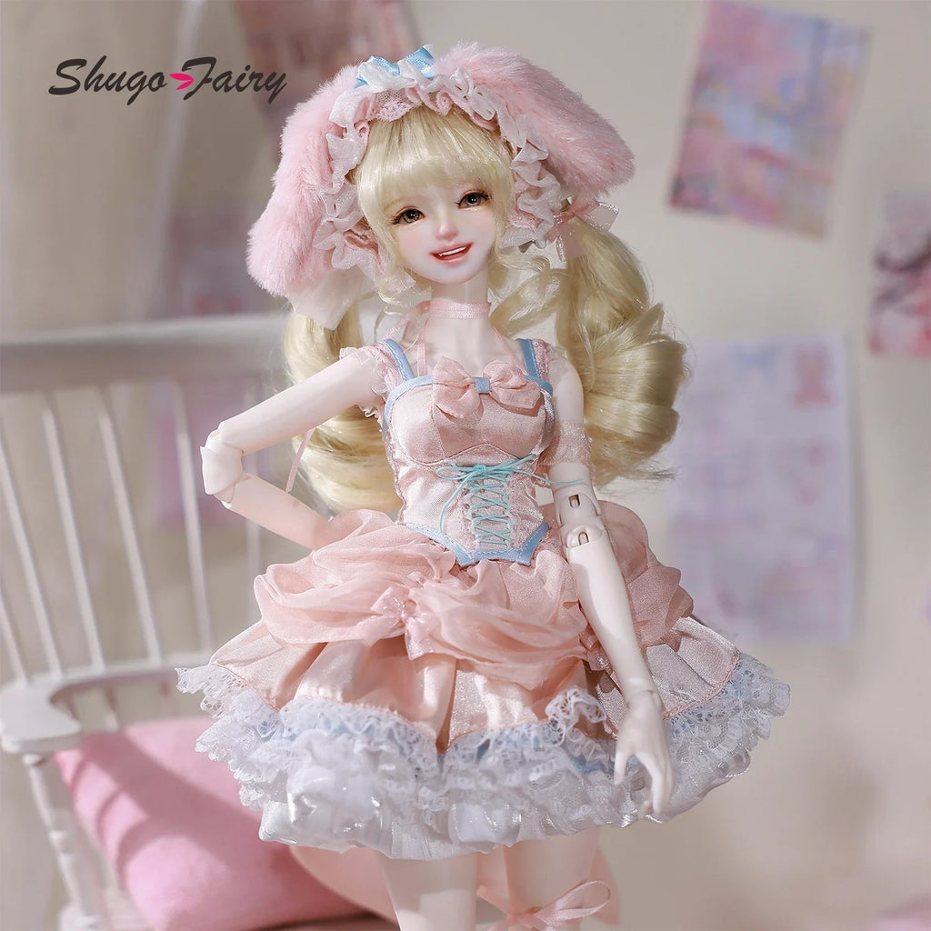 BJD Doll 1/4 Melanie A Pink Bunny Female Full Set Outfit Dress Smile Expression ShugaFairy Resin Figure W/ Wig