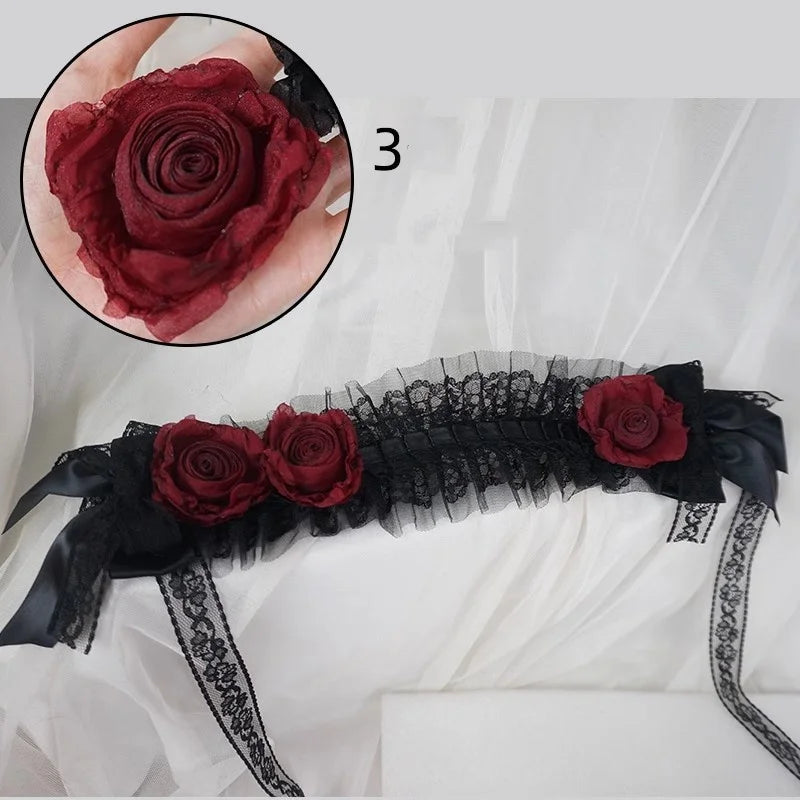 Handmade Rose Girl Lace Bow Dark Headpiece Gothic Bride Scorched Edge Rose Flower Headband Halloween lolita Doll Hair Accessory
