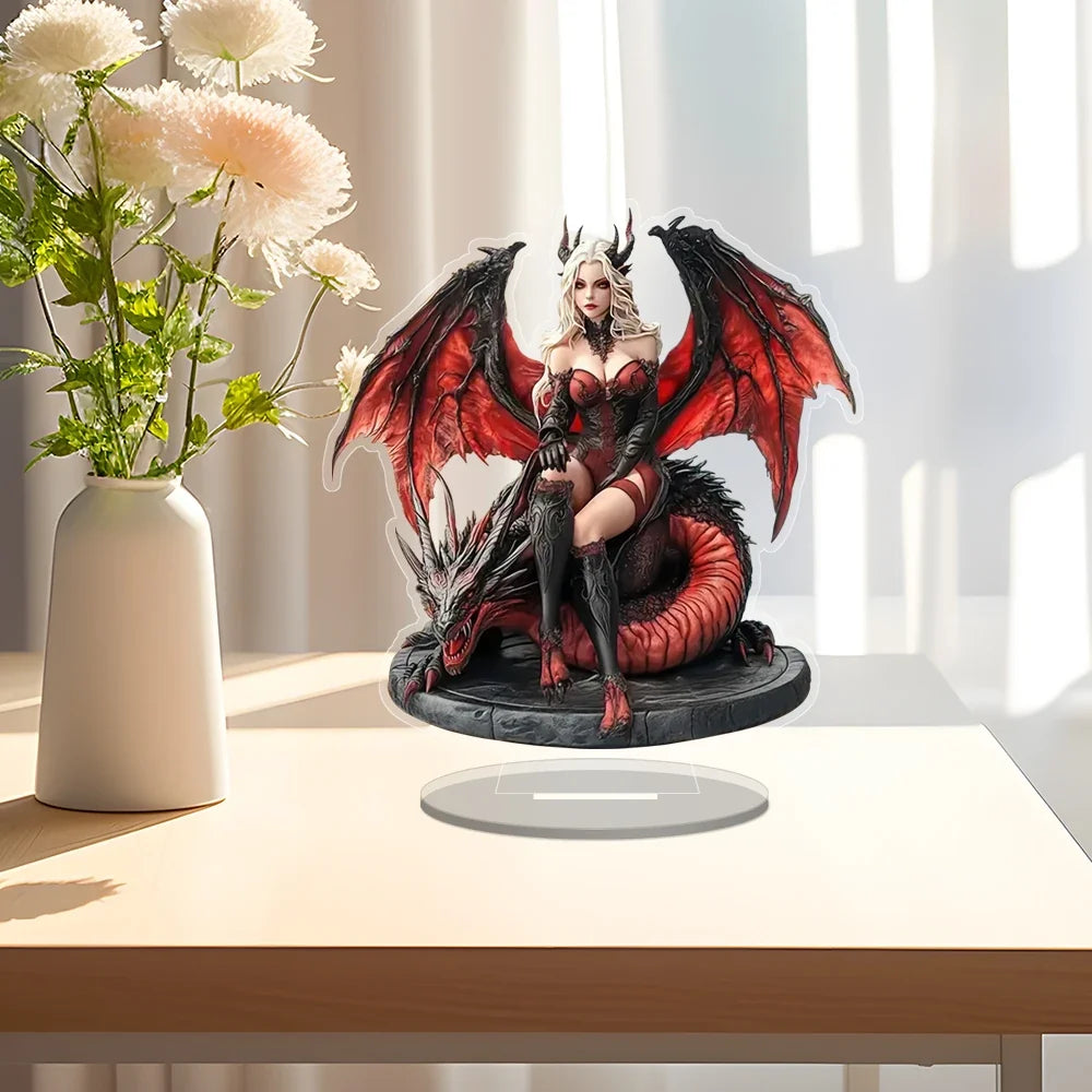 Boho Acrylic Enchantress & Red Dragon Figurine - Halloween Theme Decorative Tabletop Statue for Living Room & Various Room Types