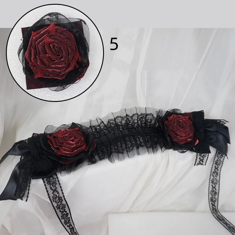 Handmade Rose Girl Lace Bow Dark Headpiece Gothic Bride Scorched Edge Rose Flower Headband Halloween lolita Doll Hair Accessory