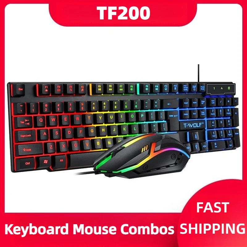 TF200 Wired Keyboard Mouse Combos 104 Keys RGB Blacklight Multi-function USB Gaming Keyboard English Russian for Game Office