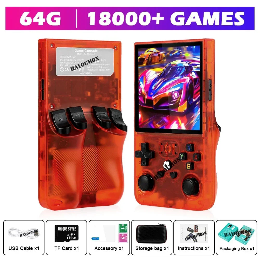 Gray R36 Max Console Handheld Game Players 4" IPS Screen Open Source Console Retro Pocket Video Player 128G Up to 20000+ Games