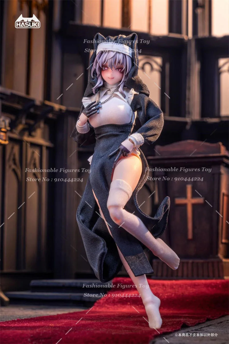 HASUKI CS017 1/12 Female Soldier Nun Uniform Cute Anime Girl Elastic Black Skirt Hat Socks Set Fit 6Inch Action Figure Body