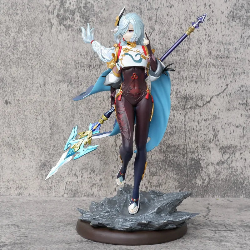 29CM Anime Figure Genshin Impact Shenhe Standing White Hair Holding Gun Model Toy PVC Collectible Figurine Sculpture Toy