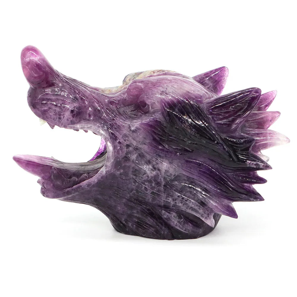 5.5" Wolf Head Natural Fluorite Reiki Healing Gemstone Carved Stone Animal Figurine Feng Shui Crafts Home Office Decoration Gift
