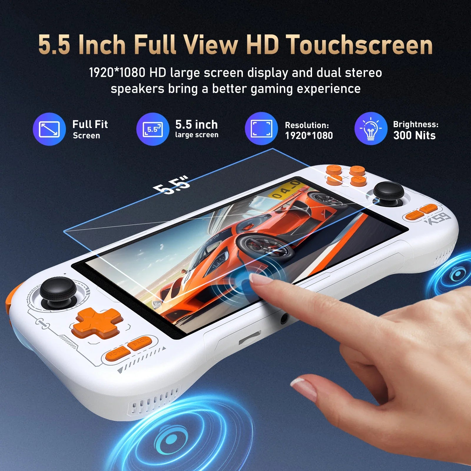 FLLBW K59 Handheld Game Console 5.5'' 1080P Screen 50 Emulators for PS1/PSP/DC/SS Android14 5000mAh WIFI5 Retro Game Player