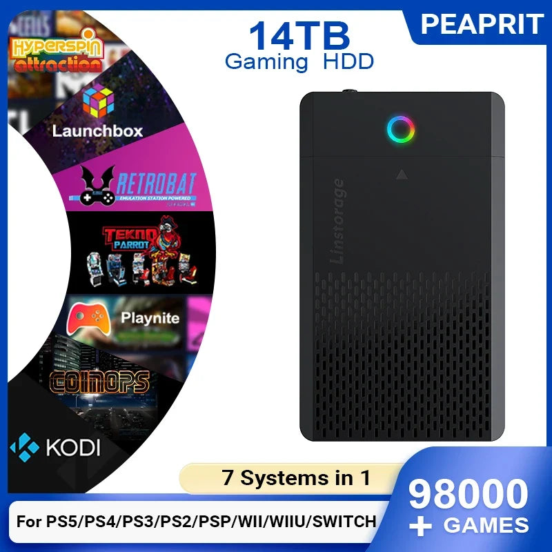 PEAPRIT 14TB Gaming HDD with Hyperspin Launchbox Retrobat Playnite Coinops 98K+ Retro Video Games Console for PS5/PS4/PS3/SWITCH