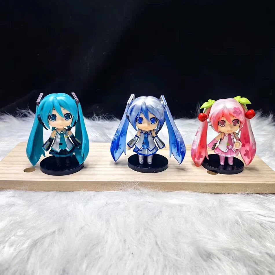 3Pcs Anime Q Version Figure Cute Girl Mini Ornaments Kawaii Pink Green Hatsune Home Desk Decoration Adult Toys Kid Birthday Gift