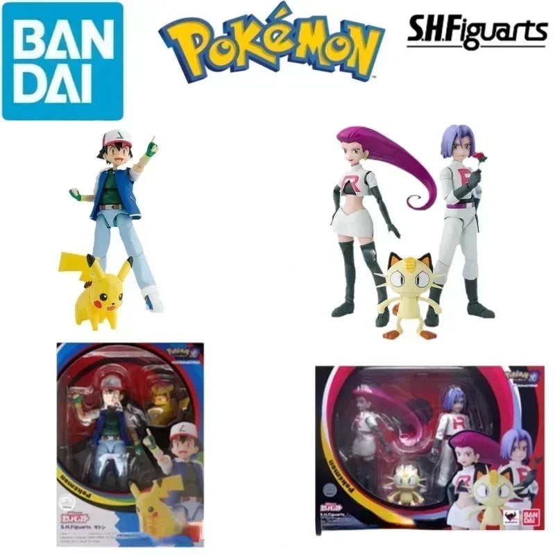 Spot Bandai Original Pokemon S.H.Figuarts SHF Ash Ketchum Pikachu Jessie James Meowth Anime Action Figures Toys for Kids Gift