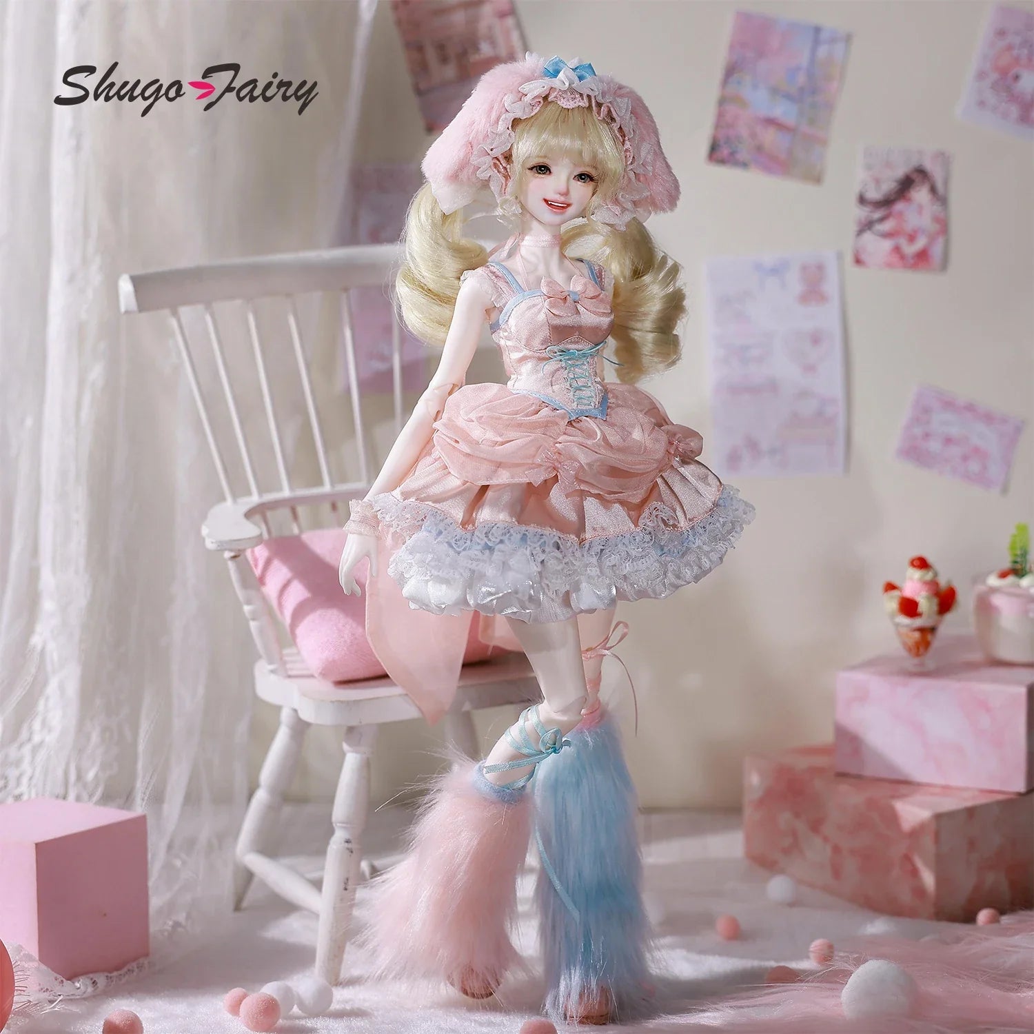 BJD Doll 1/4 Melanie A Pink Bunny Female Full Set Outfit Dress Smile Expression ShugaFairy Resin Figure W/ Wig
