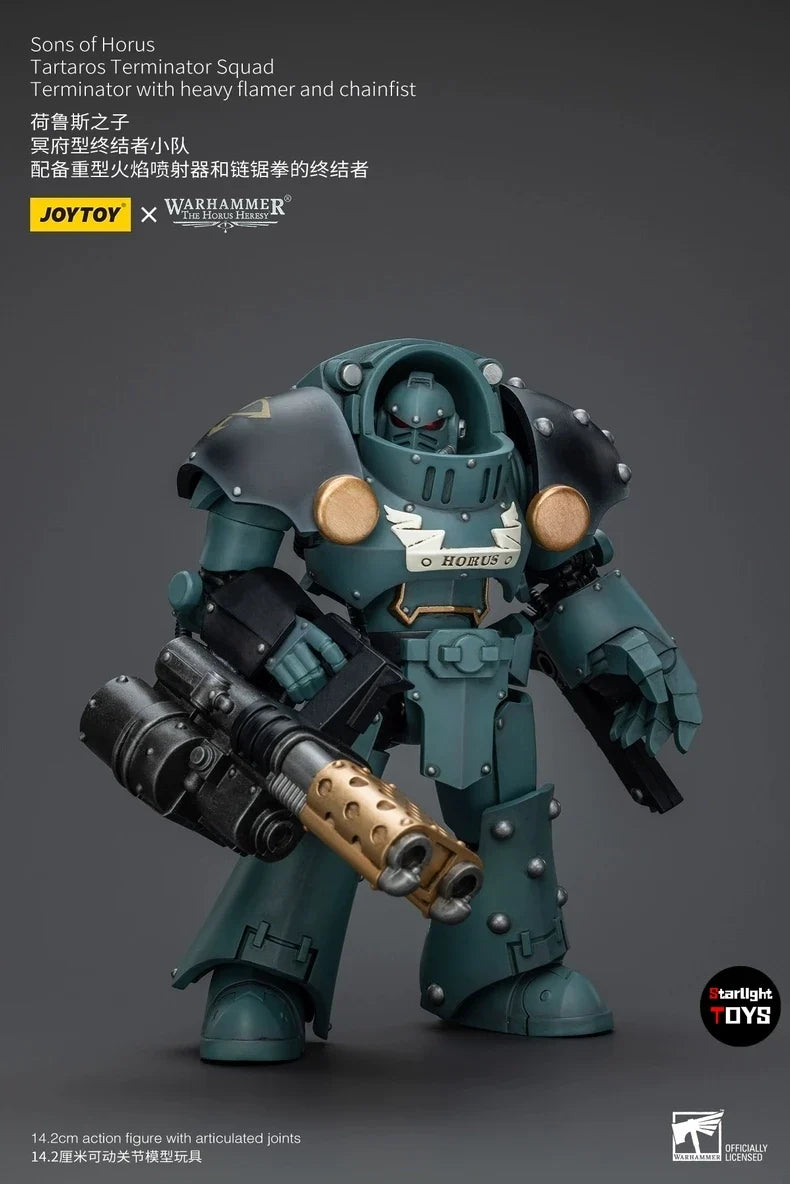 JOYTOY 1/18 Action Figure Warhammer 40K Sons of Horus Tartaros Terminator Squad Heavyflamer and Chainfist Toys Model Gift