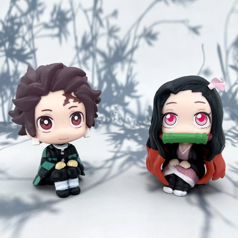 Anime Cute Q Versão Demon Slayer Action Figure Sentada Tanjiro Kamado Nezuko PVC Action Model Kid Toy Gift 8/9cm