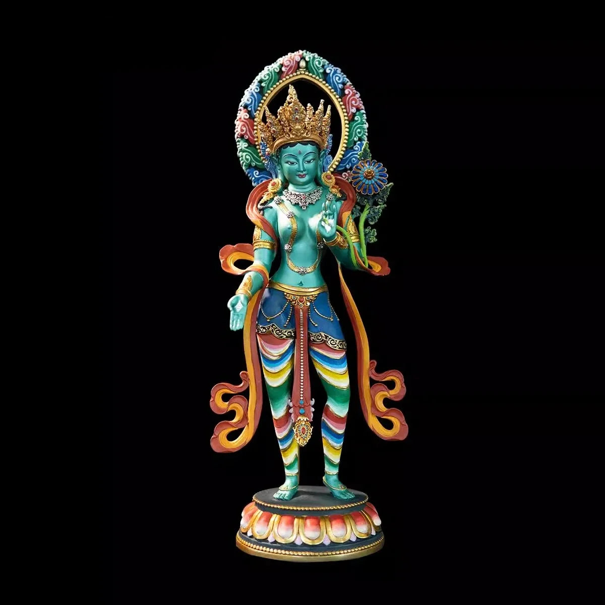 Nepal Tibet Craft Handmade Pure Copper Green Tara Statue Tibetan Buddhist Tantric Painted Standing Figure
