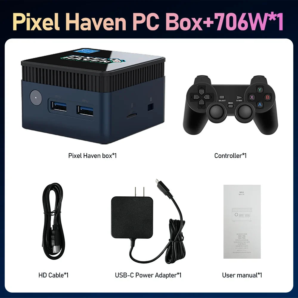 JMachen Pixel Haven Mini PC Box Windows 11&Retrobat&Playnite with 38200+Games for PS3/2/1/PSP/MAME/Wii Plug and Play Intel N100
