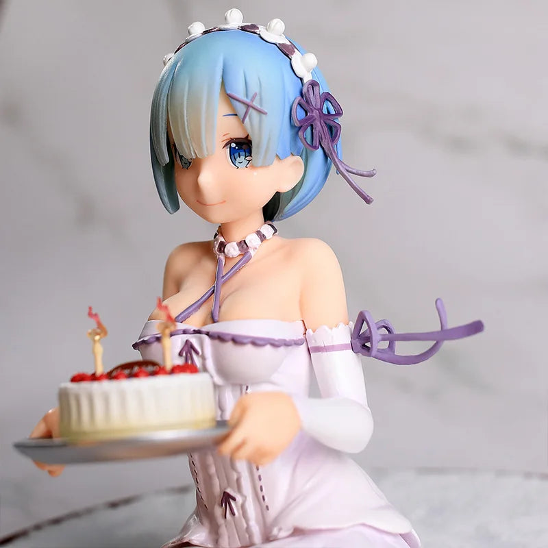 Re Zero Starting Life in Another World Rem Birthday Cake Figure PVC Anime Model Collectible Desk Decoration Blue Haired Gift