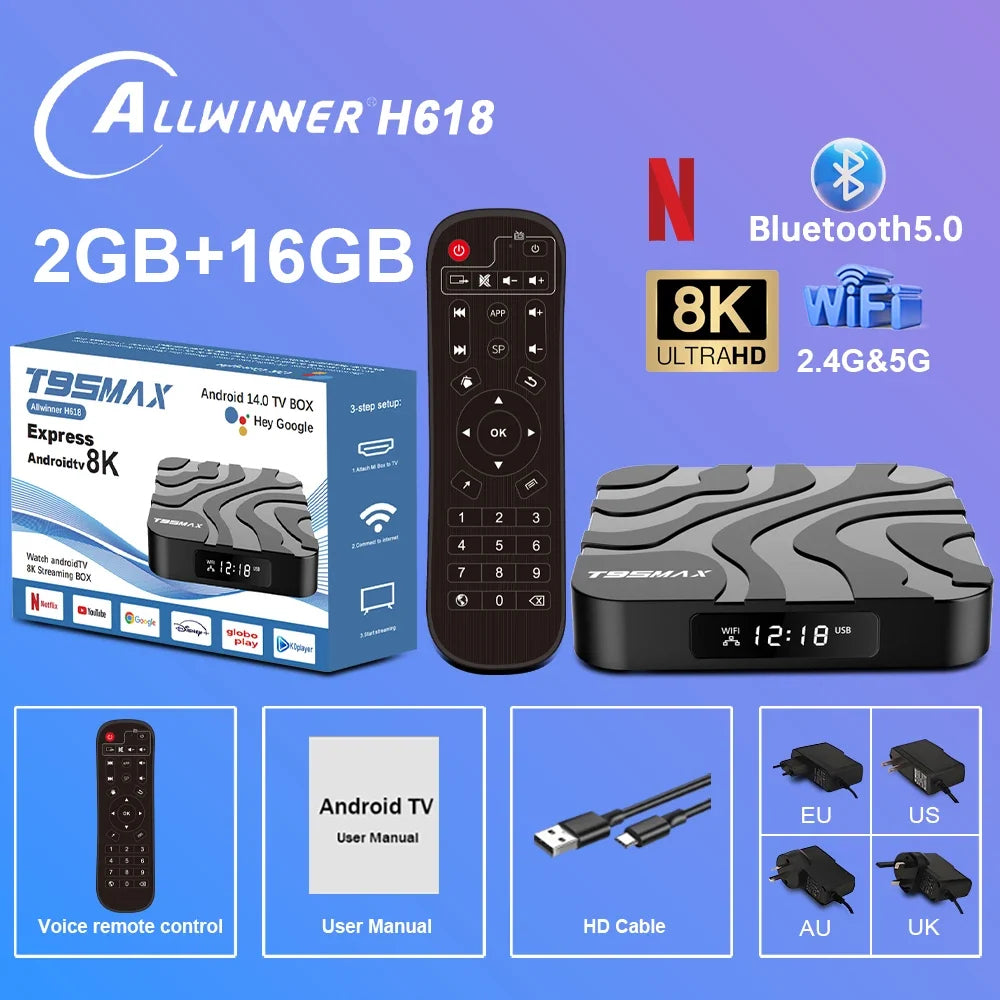 T95 Max Smart TV Box Android 12 Allwinner H618 Chip Dual-band WiFi 2.4G/5G Bluetooth5.0 Support Google 8K Resolution Set Top Box
