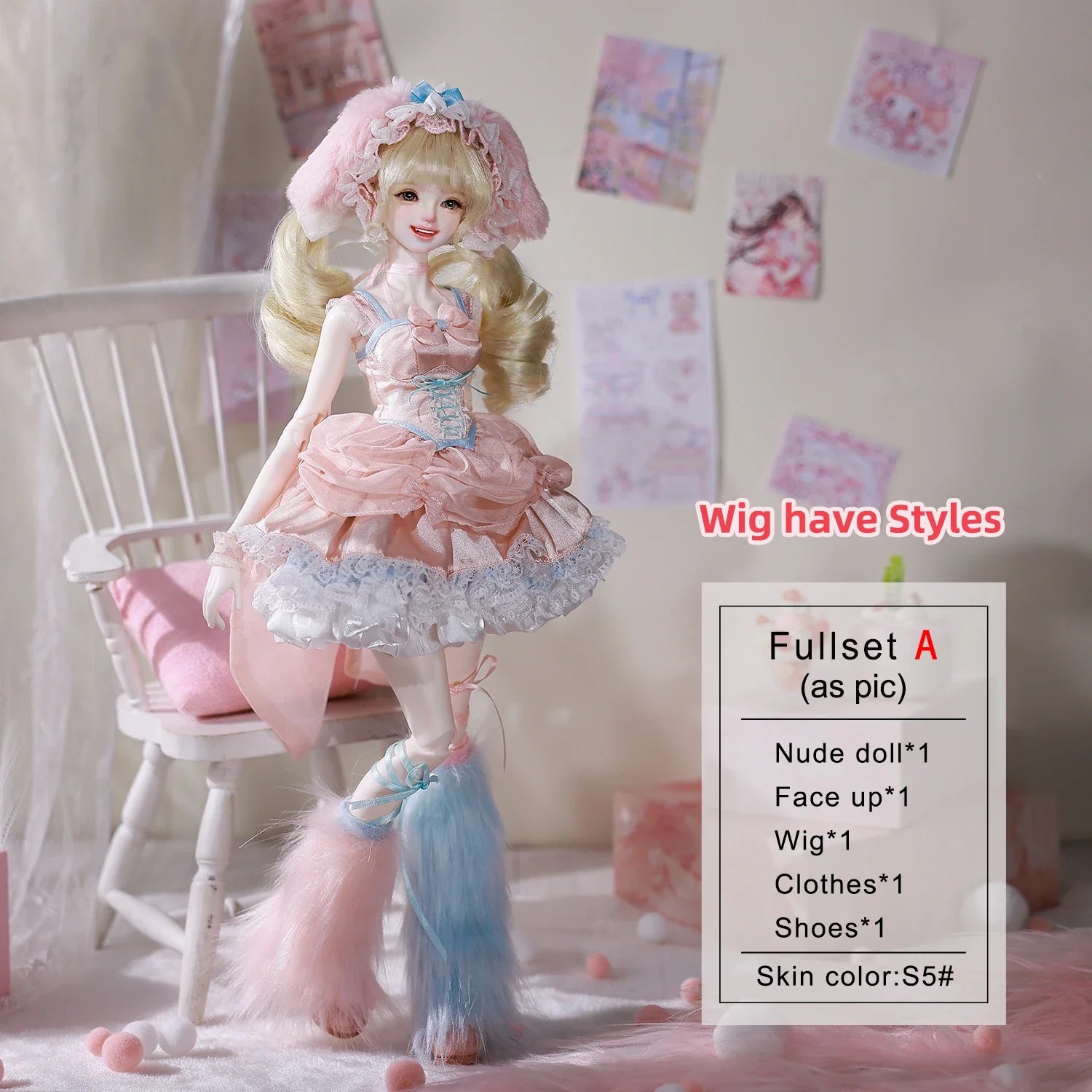 BJD Doll 1/4 Melanie A Pink Bunny Female Full Set Outfit Dress Smile Expression ShugaFairy Resin Figure W/ Wig