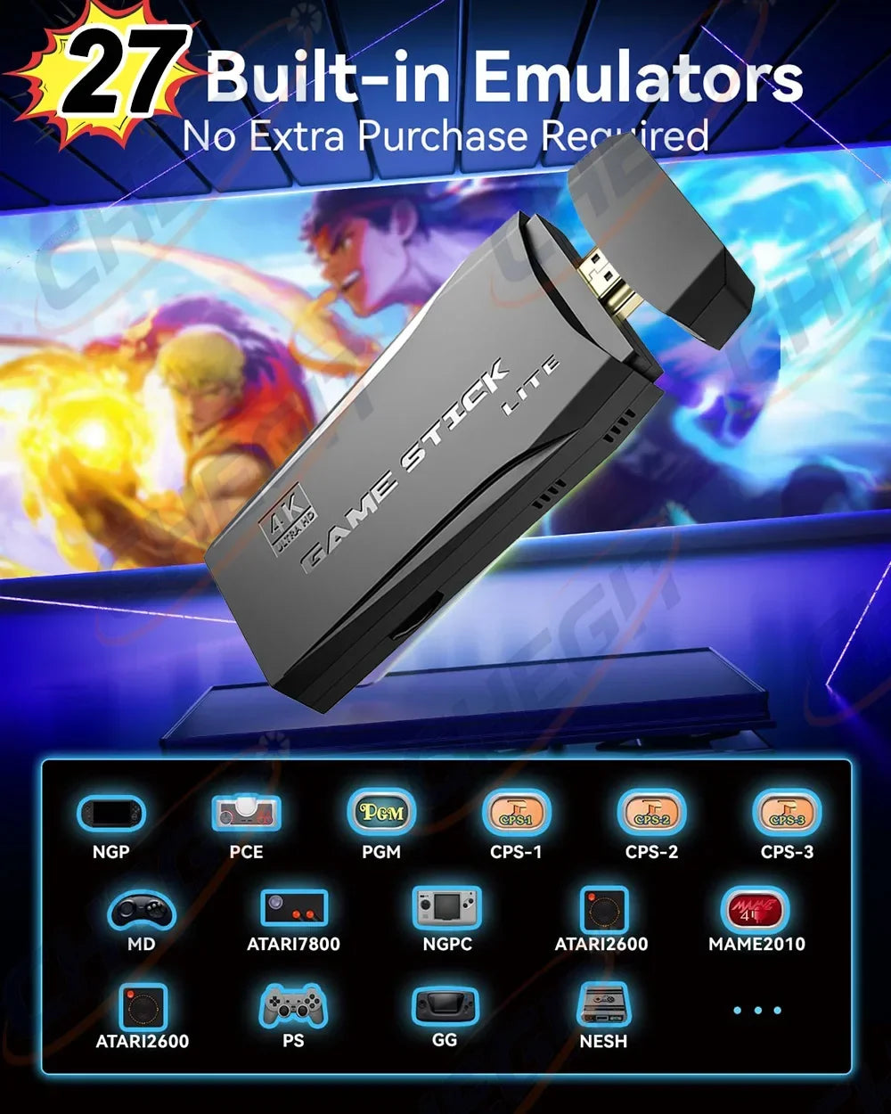 CHEGIT 4K Gaming Consola Video Game Stick With 64G Upgraded 27+ Simulators Handheld Video Game Console Wireless Gamepads