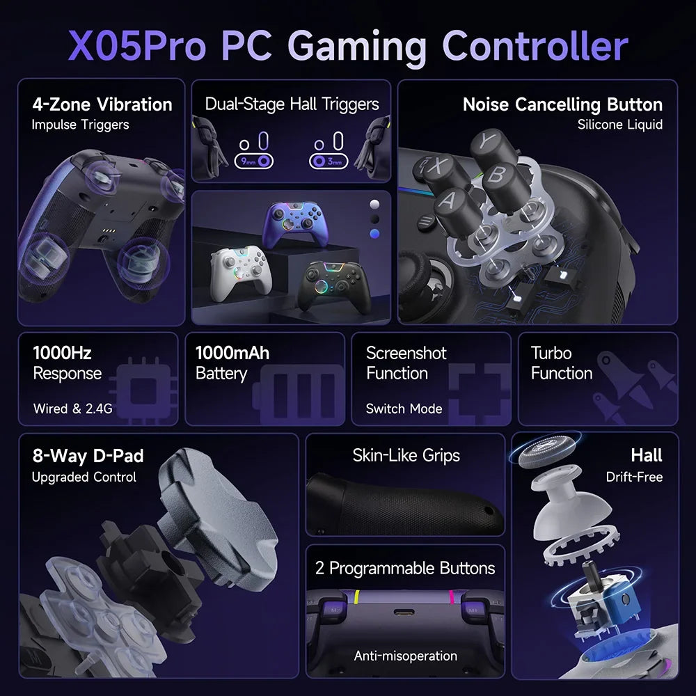 EasySMX X05 Pro Bluetooth Gamepad Controller Compatible with PC/Phone/Switch/TV/Steam, Dual Rumble Motors, Limited Purple