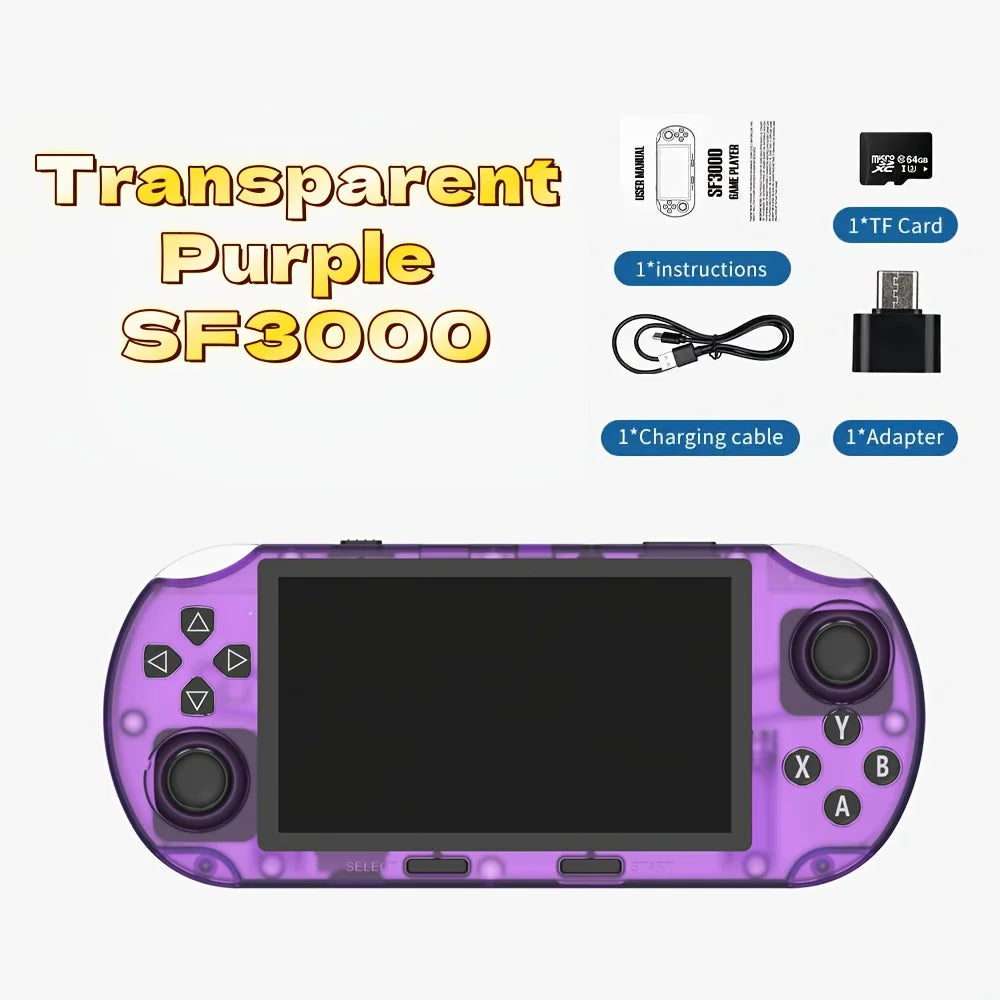 SF3000HD handheld game console - Linux system, IPS screen, USB charging, supports retro gaming and multimedia functions,