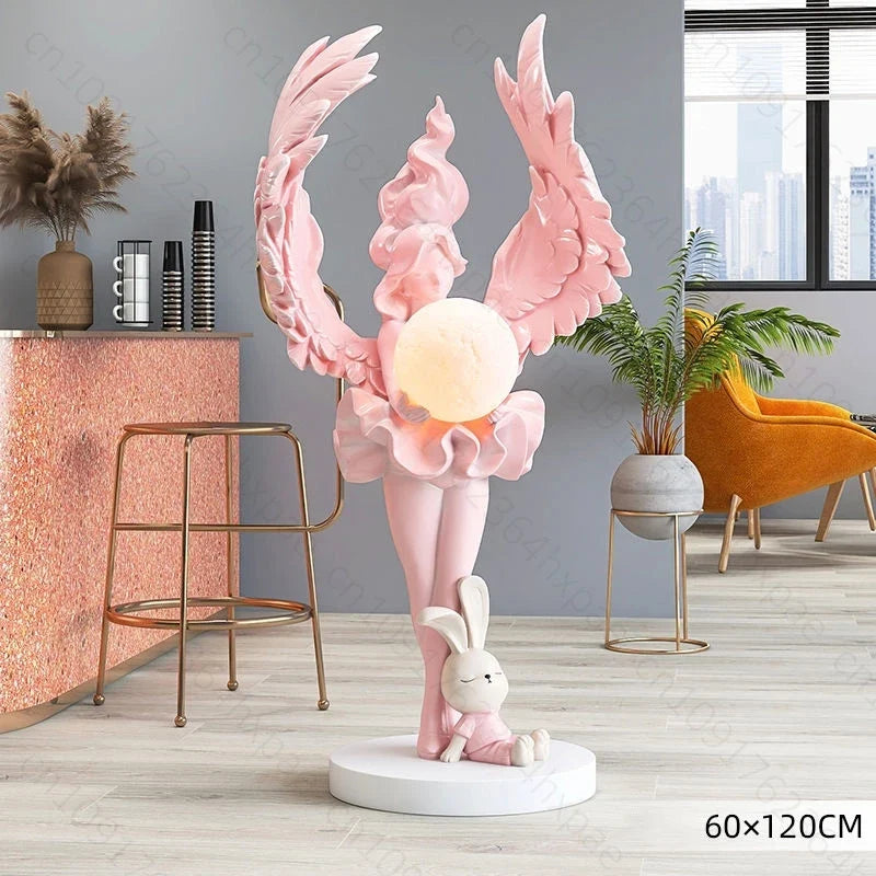 Elegant AngelGirl with Lighting Floor Sculpture Living Room Stylish Statue Angel Standing Ornaments Home Interior Decor Figurine