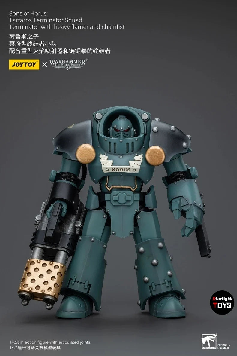 JOYTOY 1/18 Action Figure Warhammer 40K Sons of Horus Tartaros Terminator Squad Heavyflamer and Chainfist Toys Model Gift