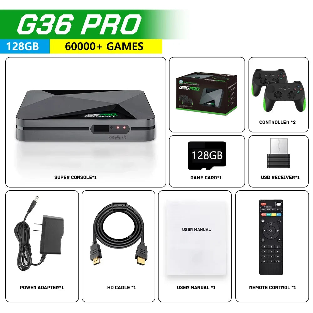 Super Game Box G36 Pro 128G 4K Retro Video Game Console with 60000+ Retro Games for MAME/PS1/PSP/DC Upgrade Wireless Controller